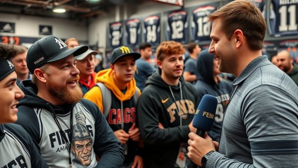 Eagles fan shows off tattoo during TV interview at merchandise event.