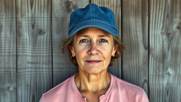 Casual middle-aged woman in blue cap against wooden background