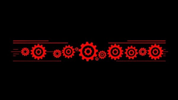 Decorative line with red gears on black background, minimalistic.