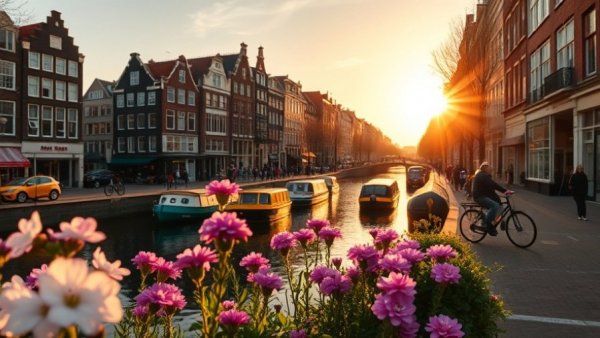 Delta flash sale to Europe: Amsterdam canal at sunset with flowers.