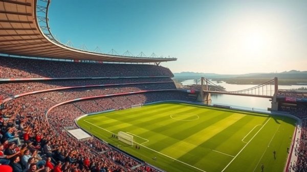 Vibrant soccer stadium near bridge under bright sky during MLS investigation.