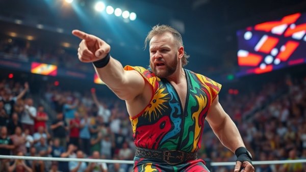 Dynamic wrestler points in arena; Ricochet trolls Patriots fans.