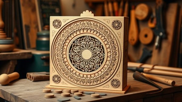 Elegant wooden boozy advent calendar on a workbench with tools.