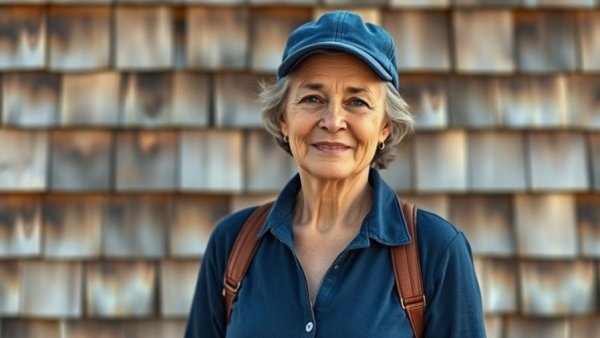 Middle-aged woman in blue cap standing confidently against wooden background.