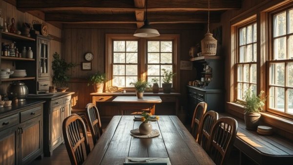 Cozy rustic dining room with warm light, perfect for winter weekend getaways from NYC.