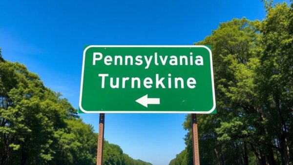 Pennsylvania Turnpike sign with lush tree background on a clear day.
