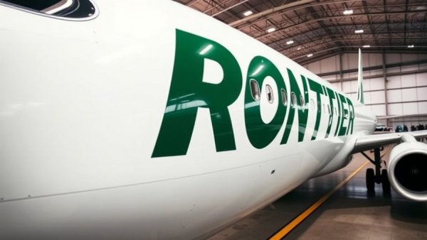 Close-up of Frontier Airlines plane in a hangar highlighting logo, Frontier Airlines new routes and inflight Wi-Fi.