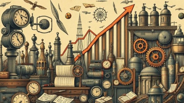 Intriguing behavioral economics insights illustration with gears and machinery.