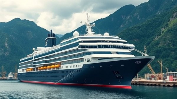 Holland America's Great Bear Rainforest Cruise ship at dock against serene mountain backdrop.