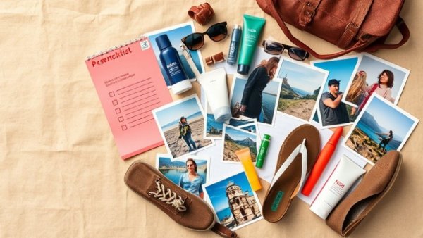 Artistic collage of winter travel packing essentials including boots and skincare products.