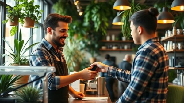 Barista in cafe accepting premium travel rewards credit card payment.