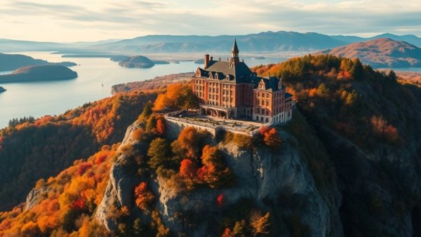 Historic hotel in Hudson Valley surrounded by autumn foliage.