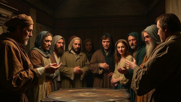 Renaissance painting of people watching a magic trick, Golden Age of Humanity theme.