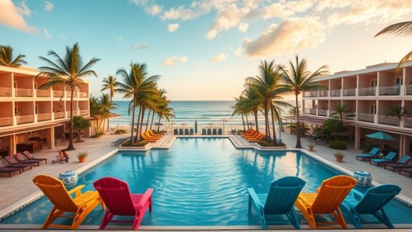 Beachfront resort pool in Mexico with palm trees and ocean view.