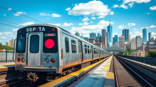 SEPTA train stopped at urban station with danger signs.