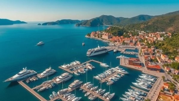 Ellinikon Marina Athens with yachts and scenic coastal town.