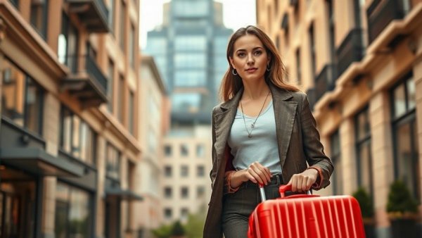 Luxury Luggage Sale with stylish bags and fashionable woman.