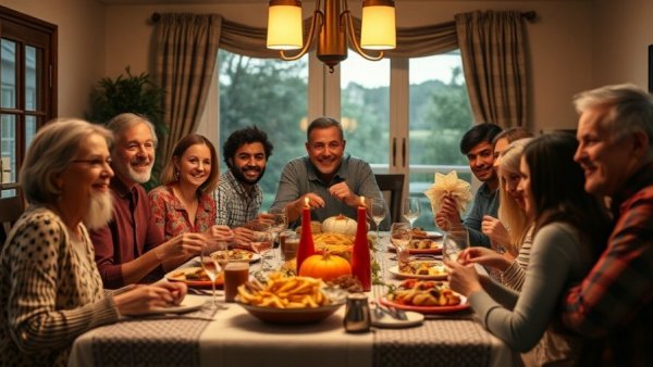 Thanksgiving Immigrant Stories: diverse family gather for a cozy meal.