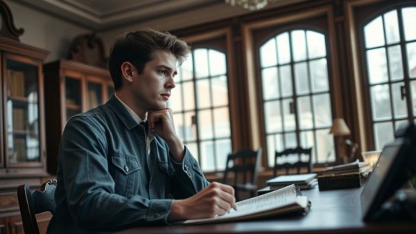 Thoughtful young man writing thank you note in vintage setting.