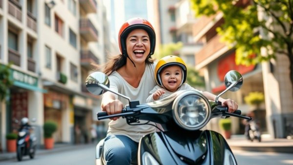 Joyful scooter ride on Taipei street with happy adult and child