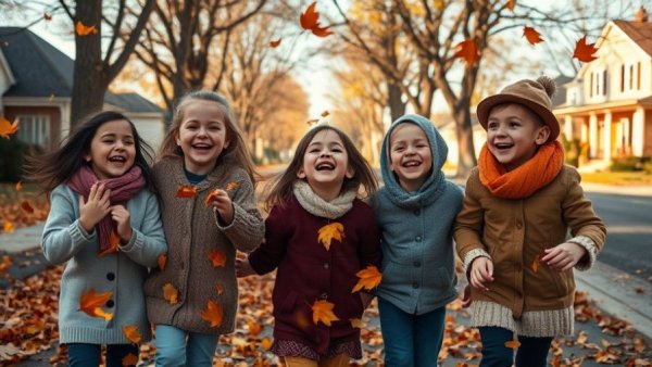 Children playing in autumn leaves enjoying benefits of having siblings.