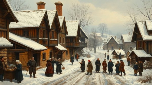Flemish Renaissance winter village, vibrant outdoor activities.