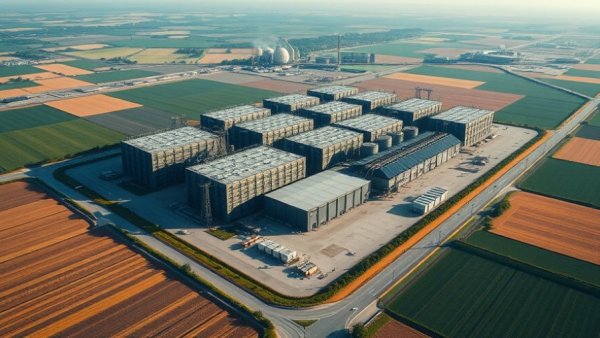 Aerial view of large AI data center complex amid open fields.