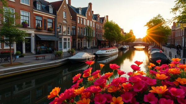 Charming European canal at sunset with flowers and boats.