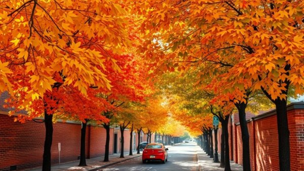 Vibrant autumn leaves over car on urban street.