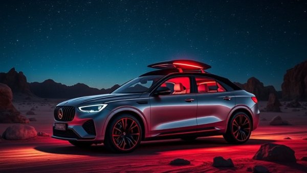 Brabus XL 800 Cabrio under starry sky in desert setting, neon-lit.