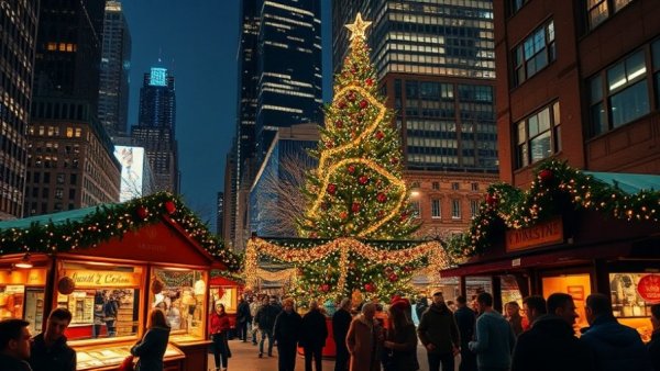 NYC Christmas markets bustling with visitors, festive lights, and stalls.