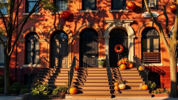Charming Philadelphia brownstone facade with fall decor and shadows; Senior Activism in Philadelphia