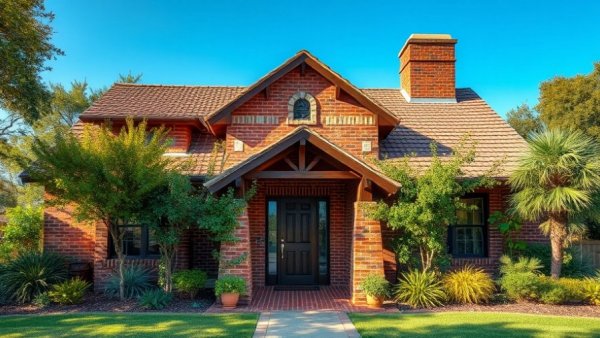Charming rustic brick home with tree-lined entry and wide path.