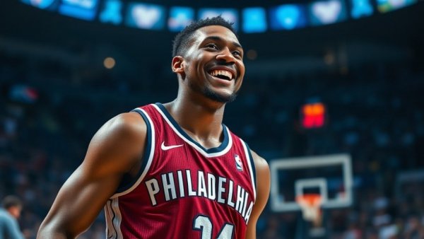 Sixers trade deadline strategy: smiling basketball player in Philadelphia jersey.