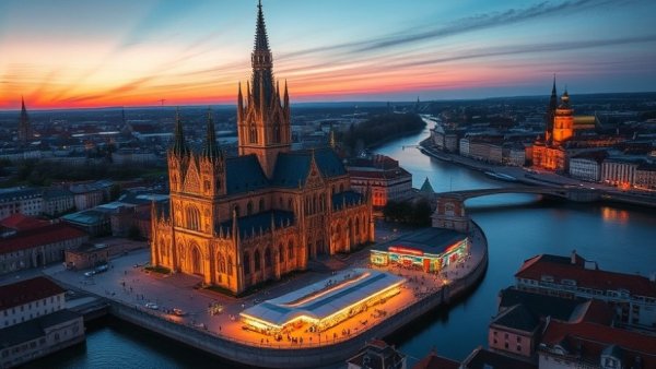 Aerial view of Cologne Cathedral and Christmas market at dusk.