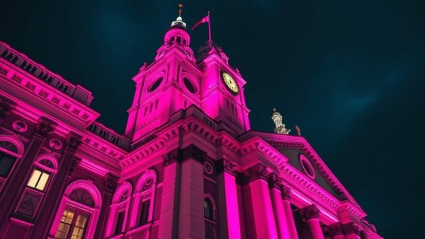 Vibrant Philadelphia City Hall with dramatic pink lighting at night.