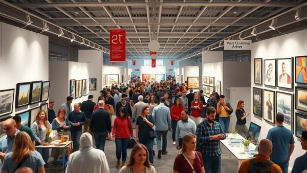 Vibrant art fair scene with visitors exploring artworks.