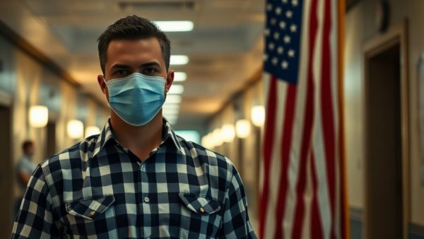 Person with mask and badge near American flag, indoors.
