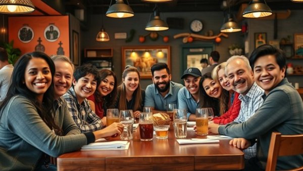 Group dining with strangers in a vibrant restaurant atmosphere.