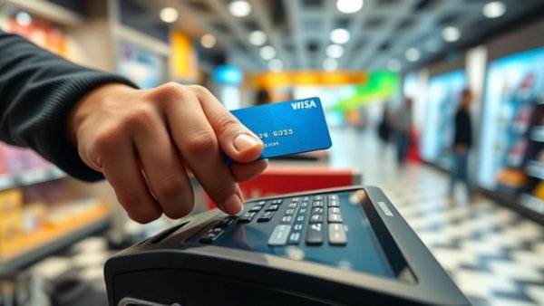 Hand tapping blue credit card on terminal in store checkout.