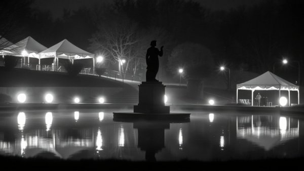 Night scene with statue reflection near tents in Philly park.