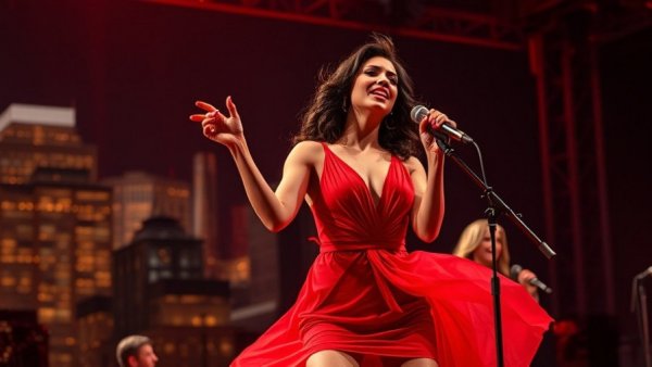 Art Basel Miami Beach vibrant female singer on stage with cityscape backdrop.