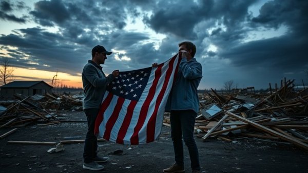 Local civic engagement after tornado with individuals folding flag.