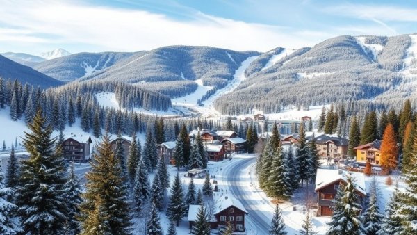 Winter view of Vail ski town with snowy slopes and evergreen trees.