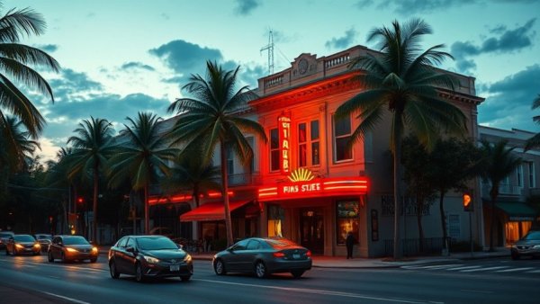 Art Basel Miami Beach nightlife, historic street corner with vintage building.