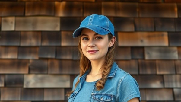 Photorealistic lifelike photo of a woman in a blue cap by wooden shingles.