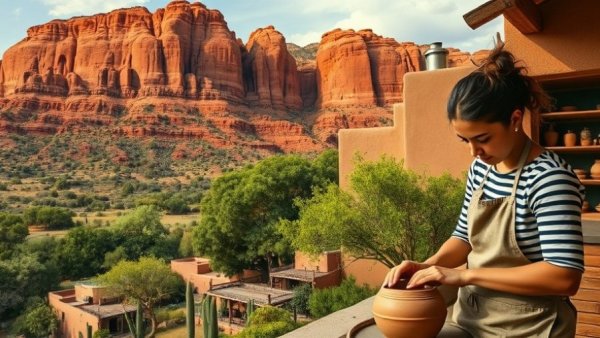 Skillcation Trend in Travel: Scenic red rock landscape with a woman pottery artist indoors.