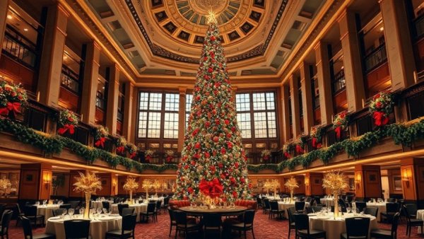 Luxury hotel dining hall with large Christmas tree, holiday getaway
