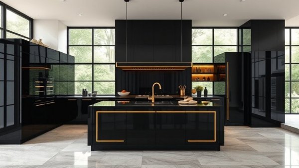 Luxurious and modern Virginia pavilion kitchen design with gold accents.