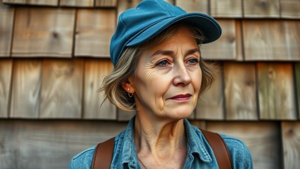 Middle-aged woman with blue cap standing against a wooden wall.